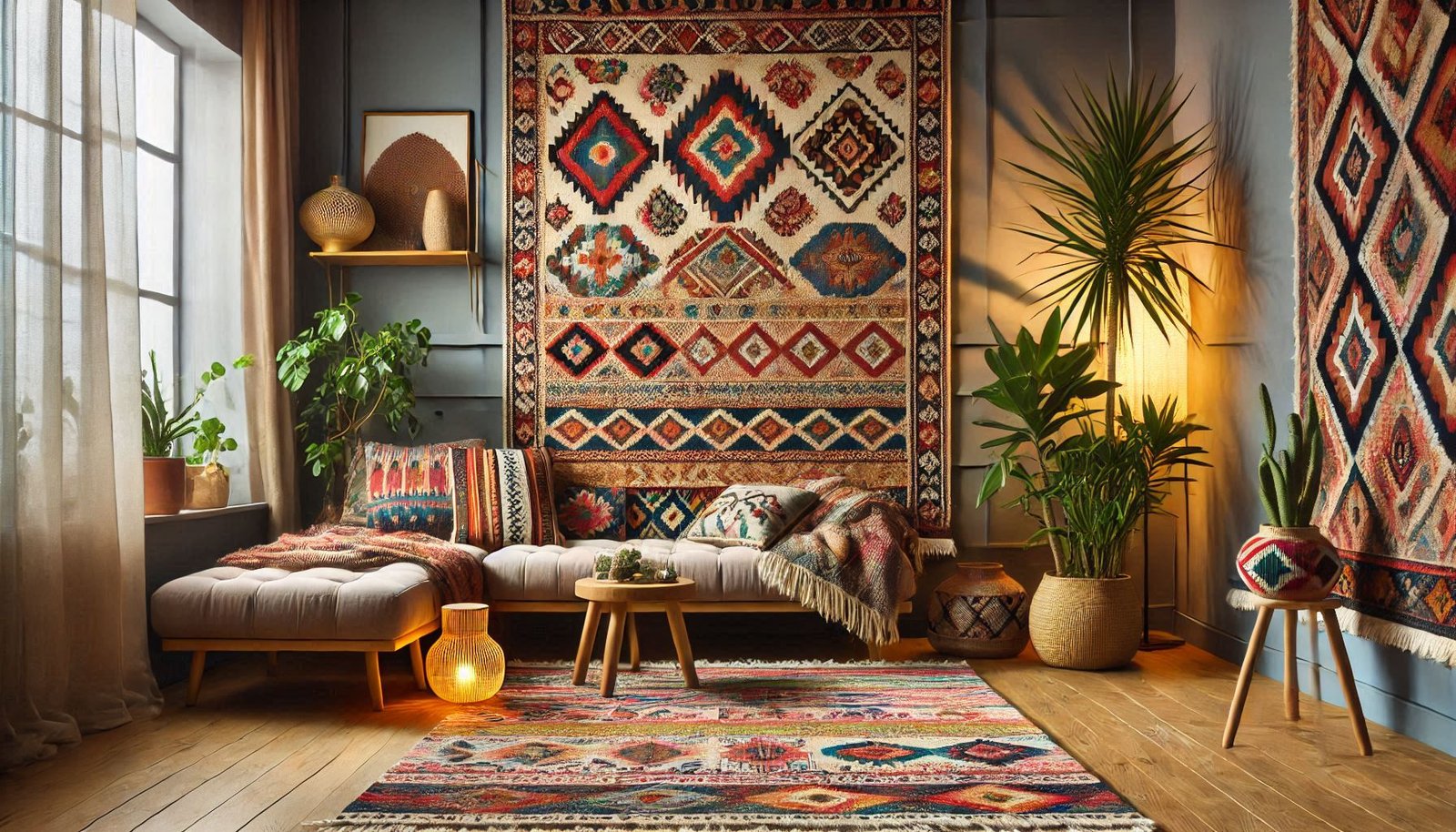 Tappeti Kilim colorati e intricati, realizzati a mano, che riflettono tradizioni artigianali e cultura.