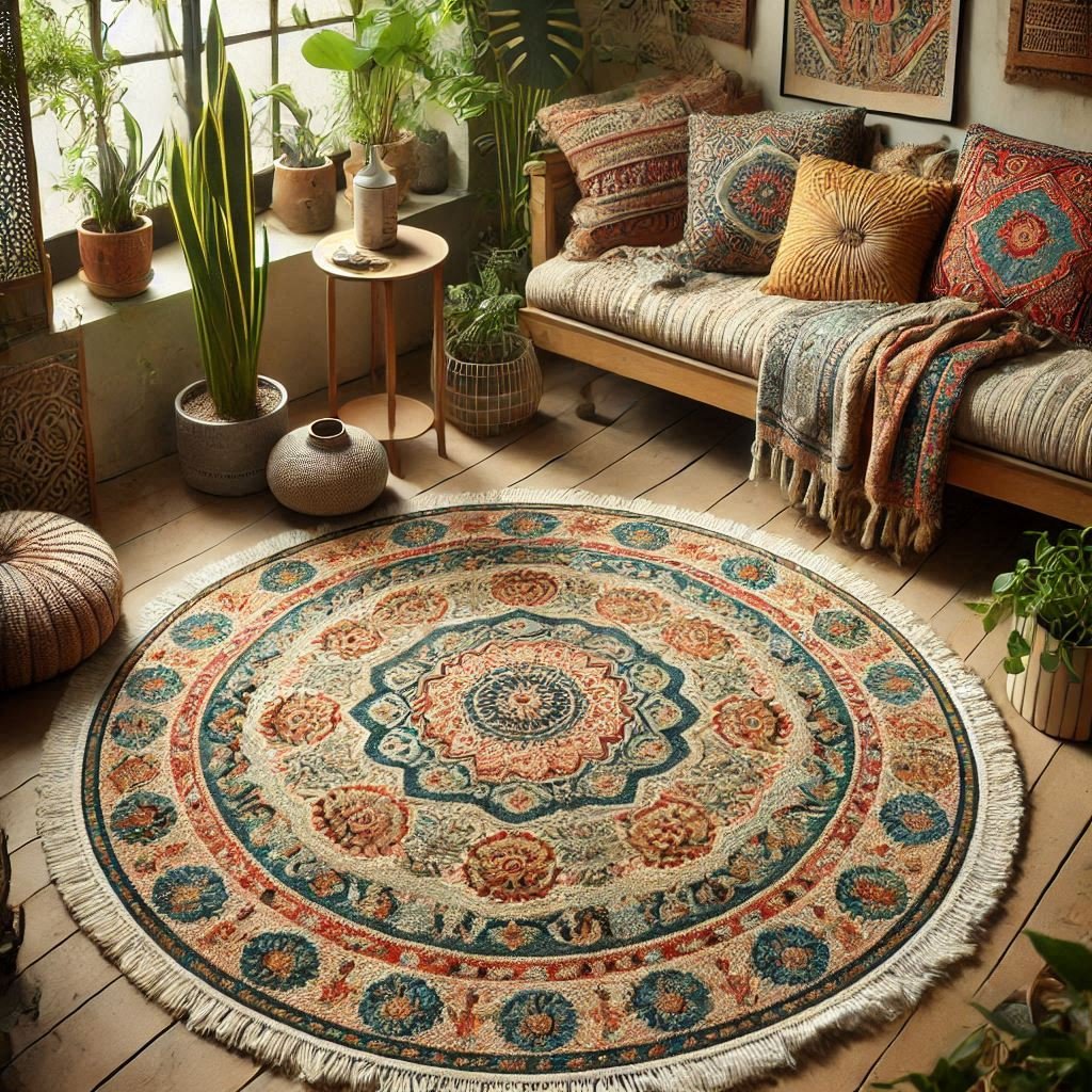 Tappeti rotondi di diverse dimensioni e colori, ideali per decorare gli ambienti con eleganza e stile.