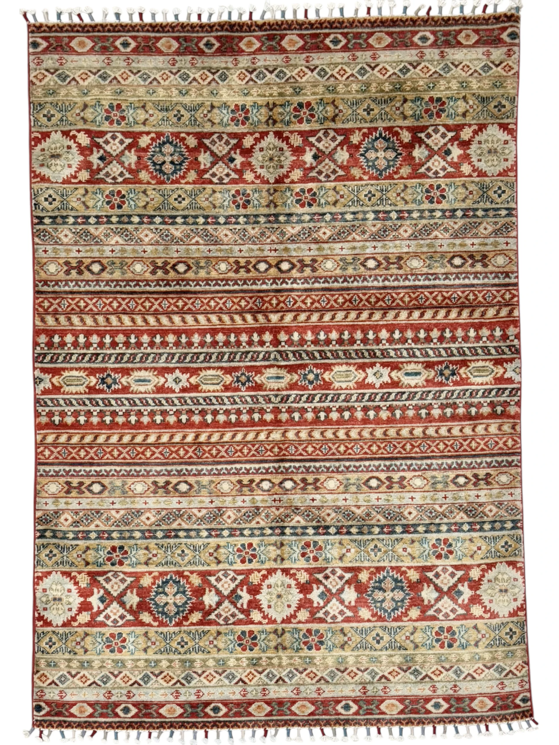 An exquisite Kazak rug featuring vibrant red, blue, and green hues, showcasing fine craftsmanship and beauty.