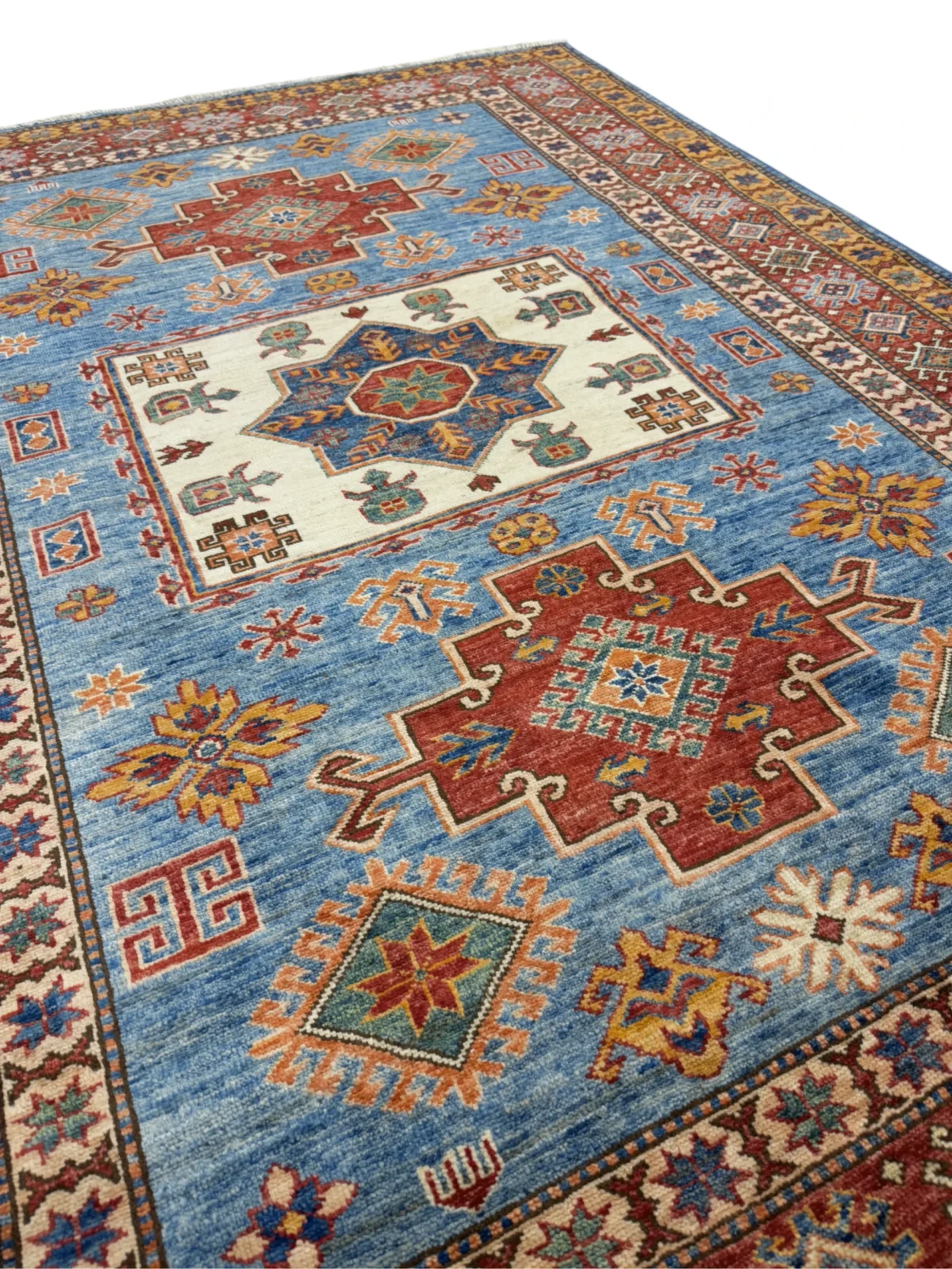 Afghan Kazak carpet, 202x147 cm, features sophisticated designs and warm colors, adding elegance to your living space.