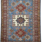 Elegant Afghan Kazak carpet, measuring 202x147 cm, featuring rich colors and intricate traditional patterns.