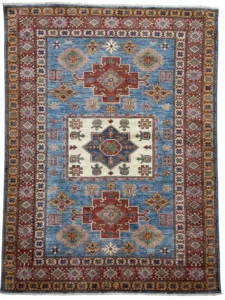 Elegant Afghan Kazak carpet, measuring 202x147 cm, featuring rich colors and intricate traditional patterns.