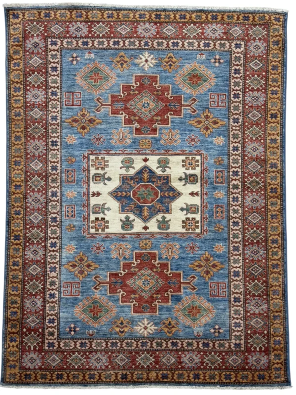 Elegant Afghan Kazak carpet, measuring 202x147 cm, featuring rich colors and intricate traditional patterns.