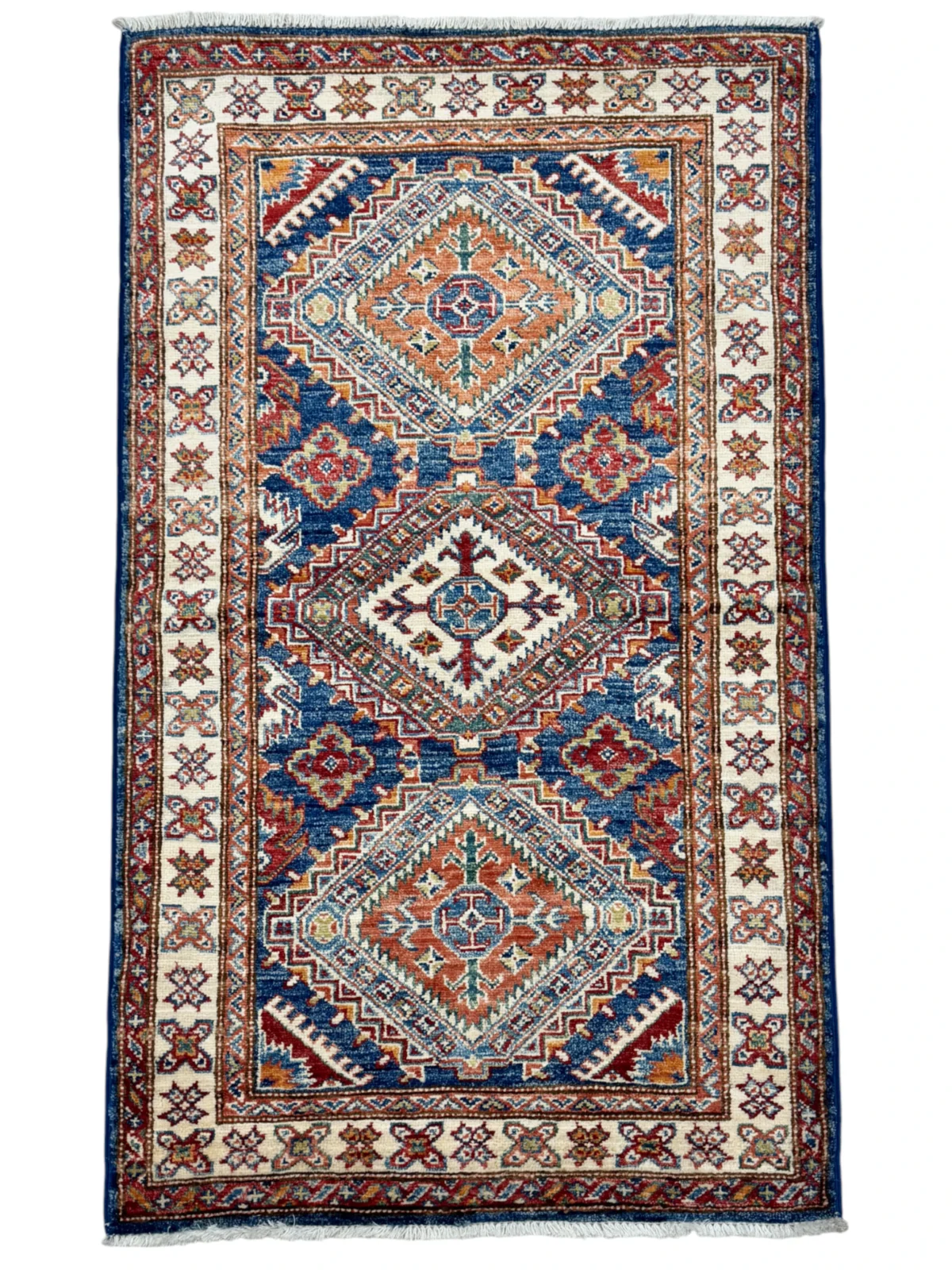 Tappeto Kazak Extra di alta qualità, color blu e rosso, 138×80 cm, in lana annodato a mano, perfetto per salotto e scendiletto.