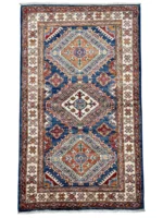 Tappeto Kazak Extra di alta qualità, color blu e rosso, 138×80 cm, in lana annodato a mano, perfetto per salotto e scendiletto.