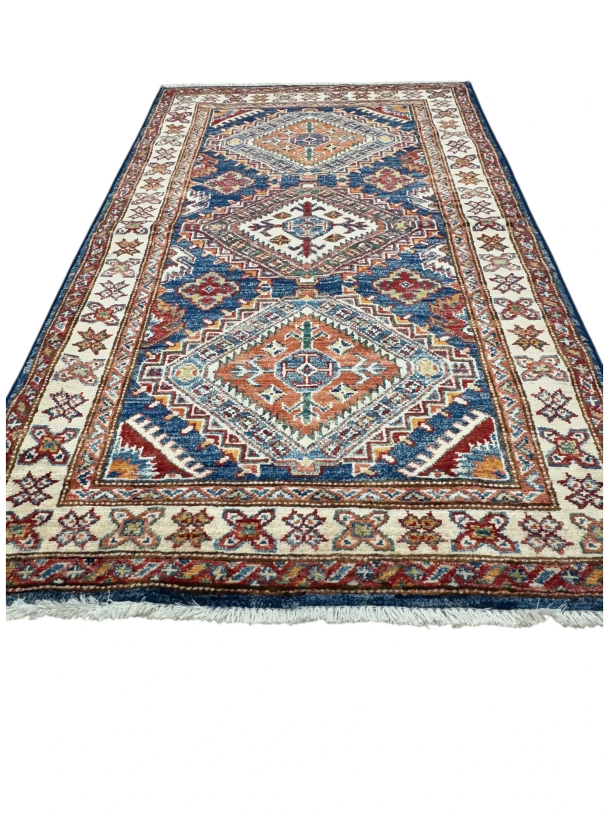 Tappeto Kazak Extra in alta qualità, lana blu e rossa, annodato a mano, dimensioni 138×80 cm, ideale per salotto o ingresso.