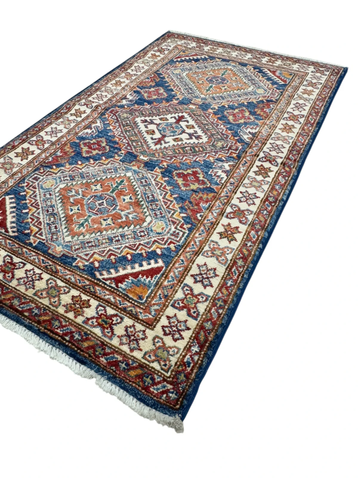 Tappeto Kazak Extra, 138×80 cm, in lana di alta qualità blu e rosso, annodato a mano, adatto per salotto e ingresso.