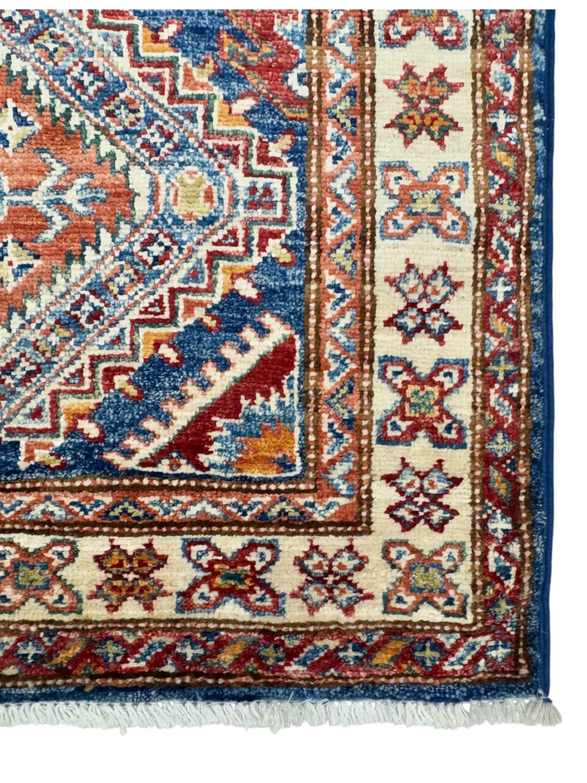 Tappeto Kazak Extra, 138×80 cm, in lana blu e rosso, annodato a mano, perfetto per salotto, ingresso e scendiletto.