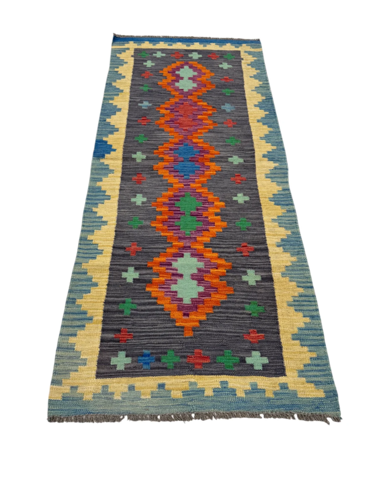 Tappeto Kilim multicolore 200x82 cm, ideale per soggiorni e camere, un simbolo di artigianato tradizionale e stile unico.