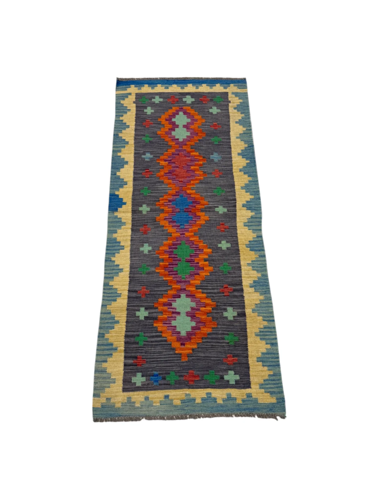 Tappeto Kilim 200x82 cm, un mix di eleganza e comfort, arricchisce gli spazi con motivi geometrici e calore culturale.