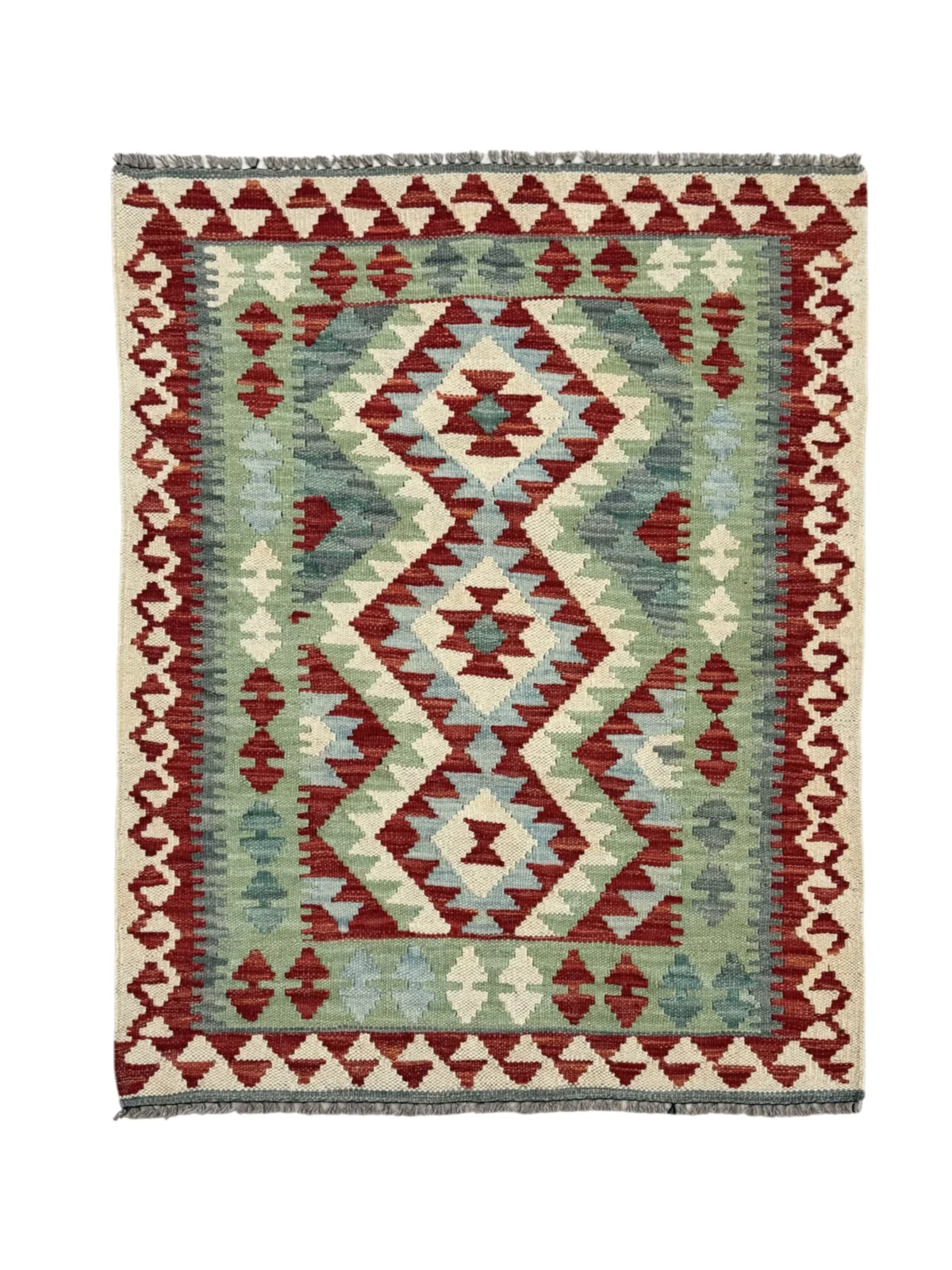 Tappeto Kilim Rettangolare 109x80 cm in Lana – Motivi Geometrici Rossi - immagine 1