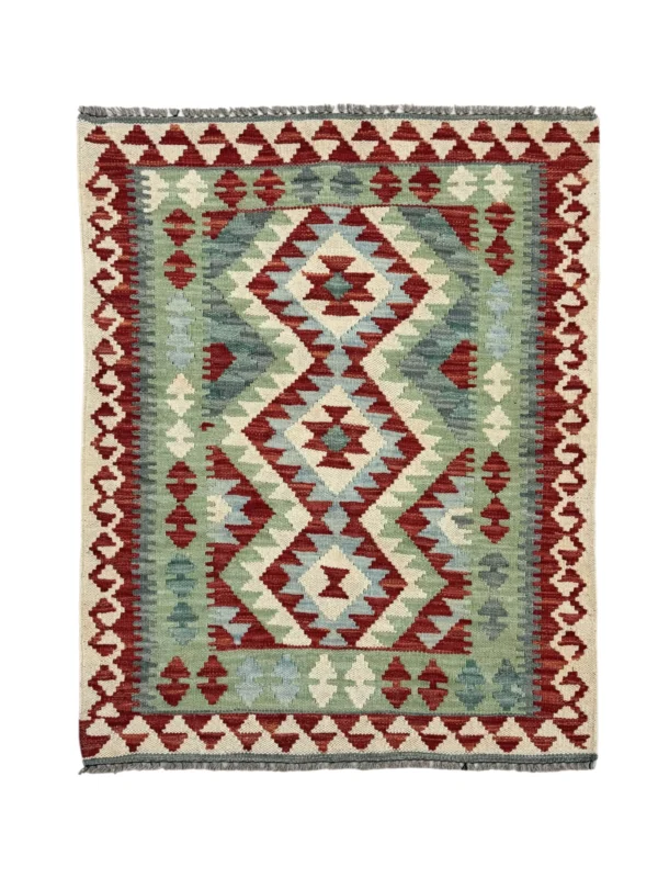 Tappeto Kilim Rettangolare 109x80 cm in Lana – Motivi Geometrici Rossi
