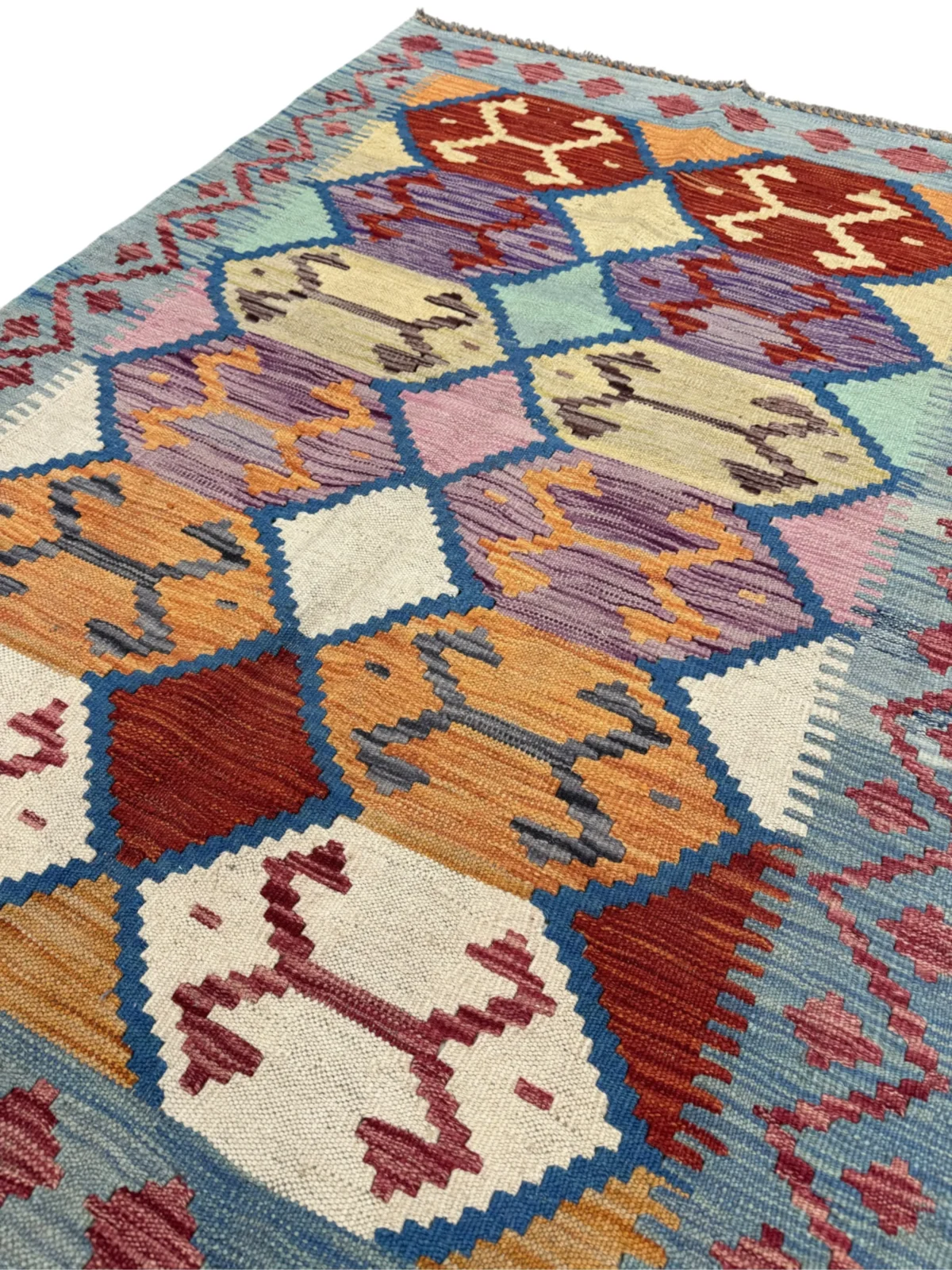 Tappeto Kilim Rettangolare 146x102 cm in Lana – Motivo Geometrico Colorato - immagine 3