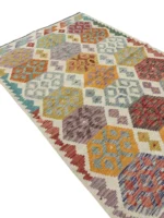 Tappeto Kilim Geometrico Multicolore 148x100 cm – Design Artigianale con Frange Grigie – Stile Tradizionale Persiano - immagine 9