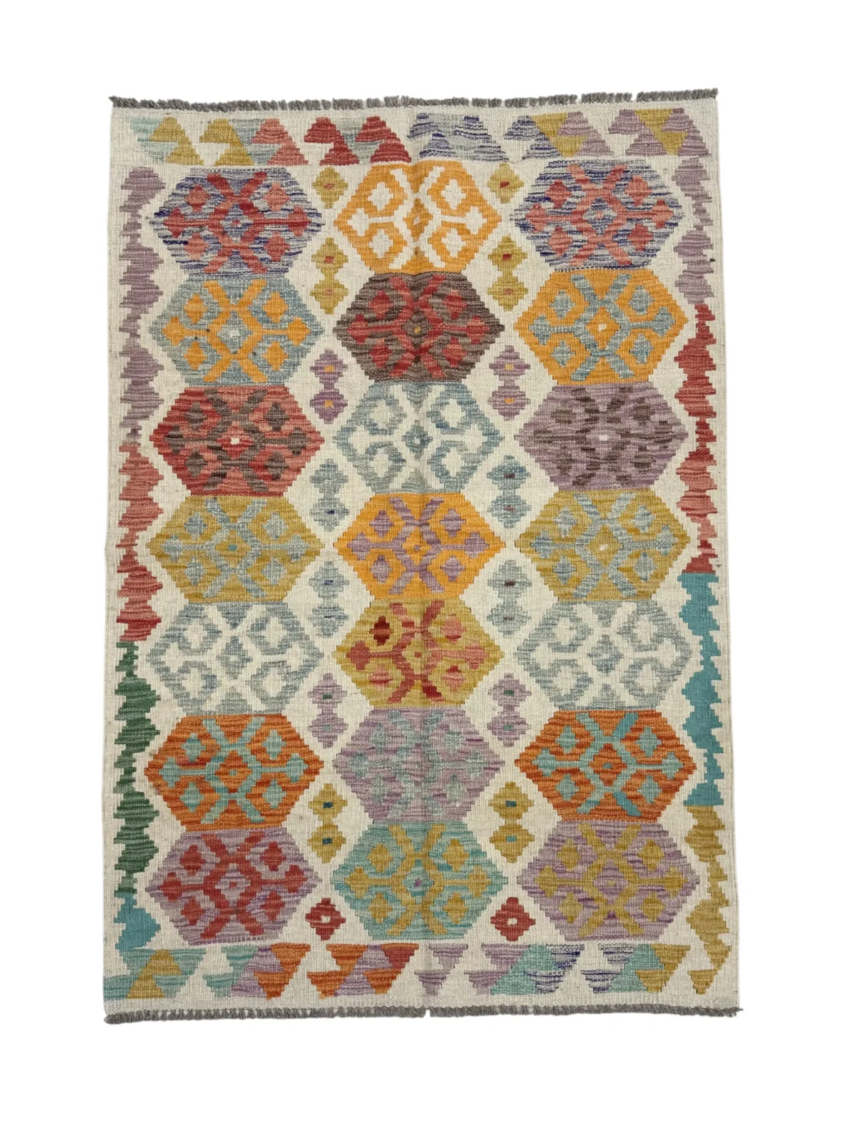 Tappeto Kilim Geometrico Multicolore 148x100 cm – Design Artigianale con Frange Grigie – Stile Tradizionale Persiano - immagine 1