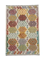 Tappeto Kilim Geometrico Multicolore 148x100 cm – Design Artigianale con Frange Grigie – Stile Tradizionale Persiano
