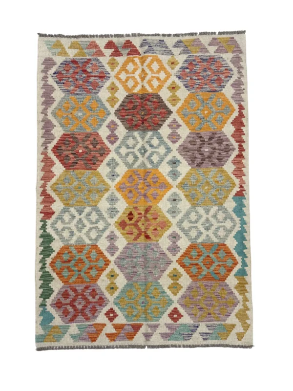 Tappeto Kilim Geometrico Multicolore 148x100 cm – Design Artigianale con Frange Grigie – Stile Tradizionale Persiano
