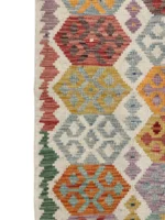 Tappeto Kilim Geometrico Multicolore 148x100 cm – Design Artigianale con Frange Grigie – Stile Tradizionale Persiano - immagine 6