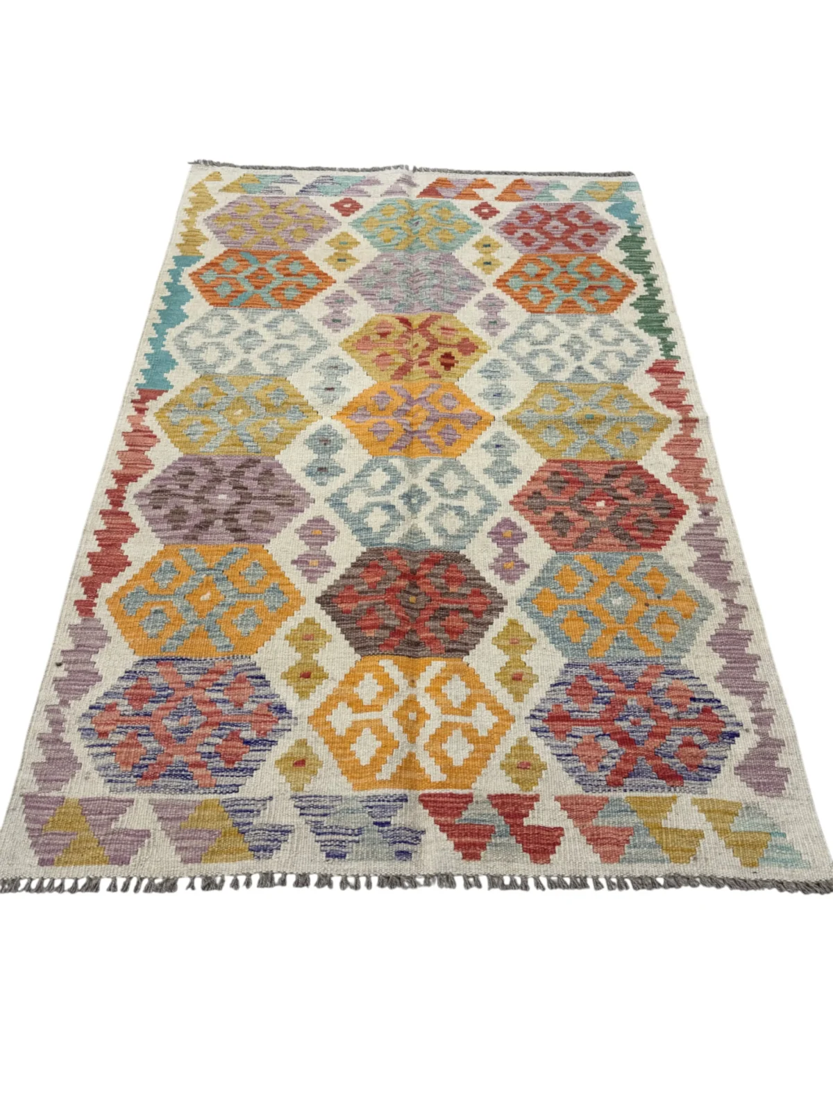 Tappeto Kilim Geometrico Multicolore 148x100 cm – Design Artigianale con Frange Grigie – Stile Tradizionale Persiano - immagine 2