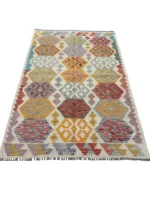 Tappeto Kilim Geometrico Multicolore 148x100 cm – Design Artigianale con Frange Grigie – Stile Tradizionale Persiano - immagine 2
