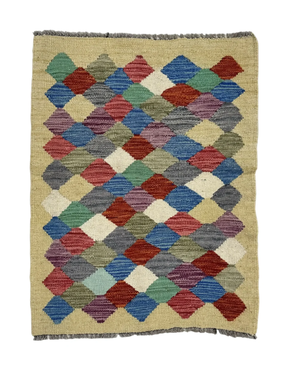 Tappeto Kilim Rettangolare 83x64 cm – Motivo Geometrico Multicolore con Losanghe e Frange - immagine 1