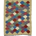 Tappeto Kilim Rettangolare 83x64 cm – Motivo Geometrico Multicolore con Losanghe e Frange