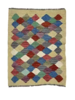 Tappeto Kilim Rettangolare 83x64 cm – Motivo Geometrico Multicolore con Losanghe e Frange