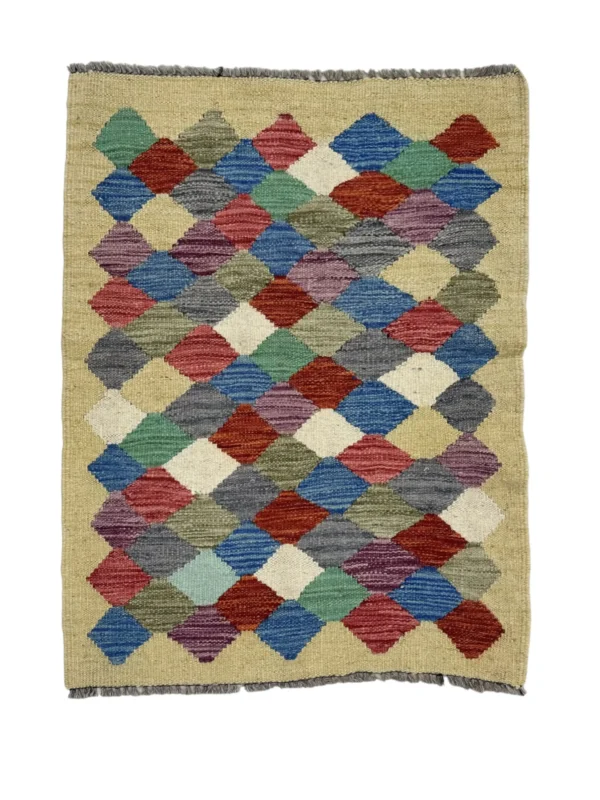 Tappeto Kilim Rettangolare 83x64 cm – Motivo Geometrico Multicolore con Losanghe e Frange