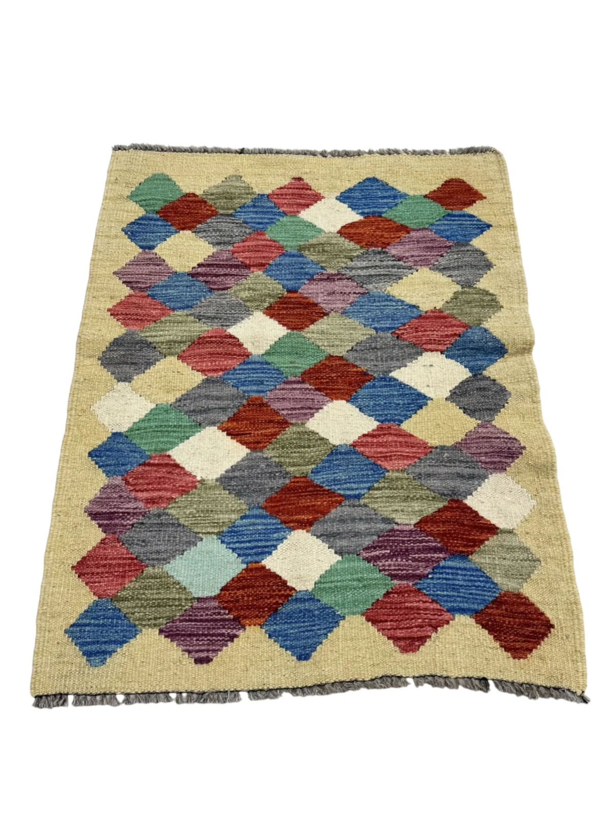 Tappeto Kilim Rettangolare 83x64 cm – Motivo Geometrico Multicolore con Losanghe e Frange - immagine 4