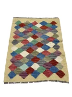 Tappeto Kilim Rettangolare 83x64 cm – Motivo Geometrico Multicolore con Losanghe e Frange - immagine 4