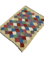 Tappeto Kilim Rettangolare 83x64 cm – Motivo Geometrico Multicolore con Losanghe e Frange - immagine 3