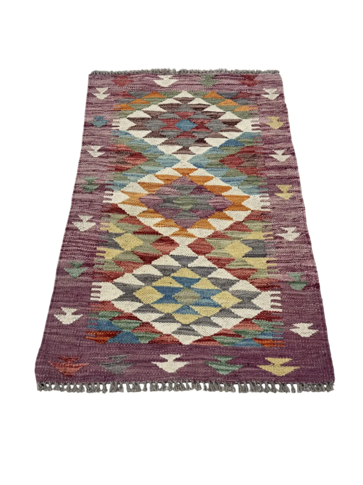 Tappeto Kilim Passatoia Rettangolare 91x58 cm – Design Geometrico Multicolore con Frange - immagine 6