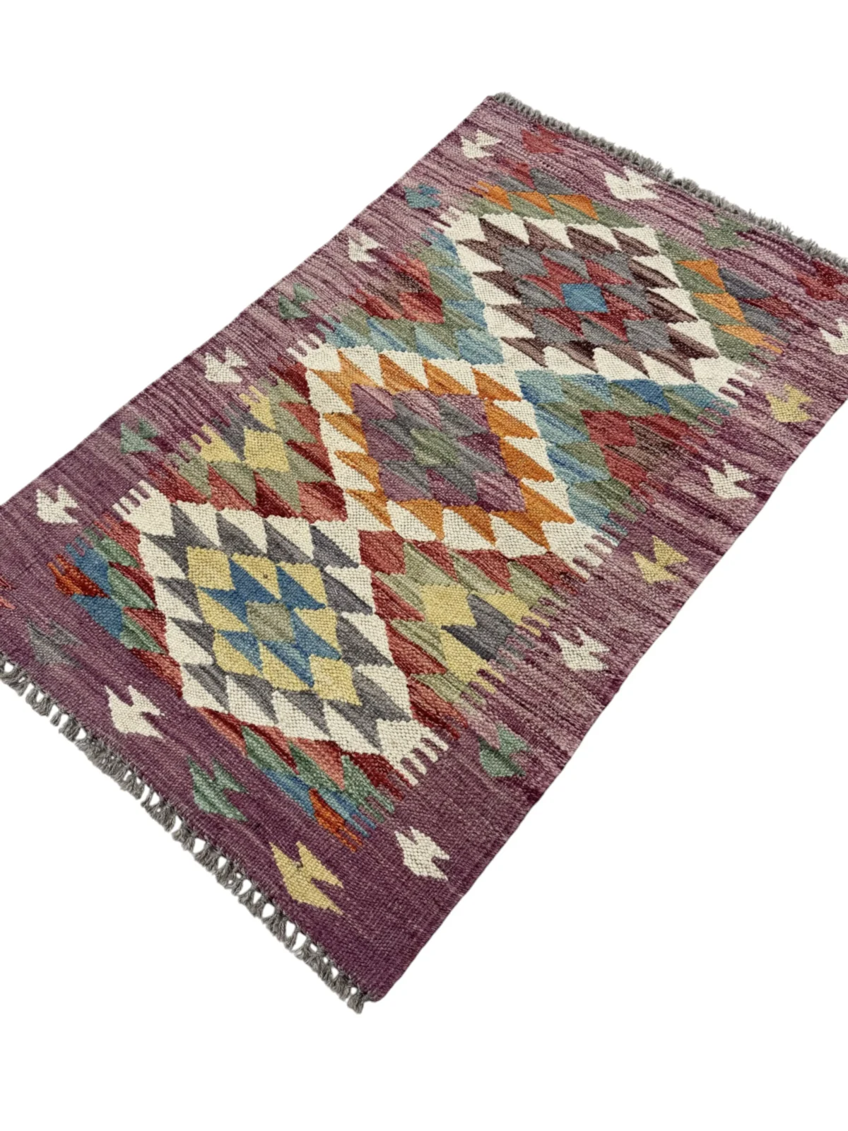Tappeto Kilim Passatoia Rettangolare 91x58 cm – Design Geometrico Multicolore con Frange - immagine 5