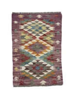 Tappeto Kilim Passatoia Rettangolare 91x58 cm – Design Geometrico Multicolore con Frange