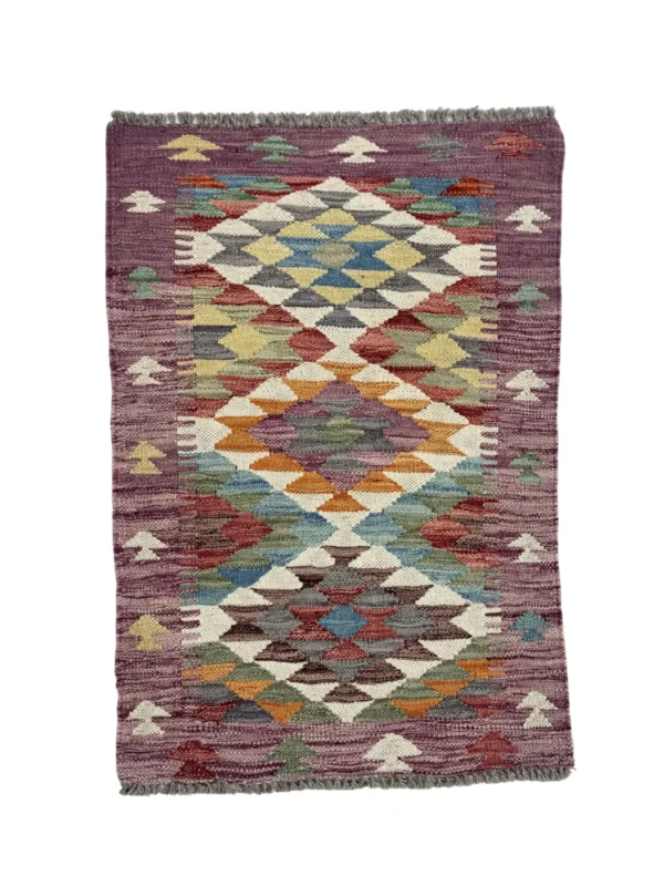 Tappeto Kilim Passatoia Rettangolare 91x58 cm – Design Geometrico Multicolore con Frange