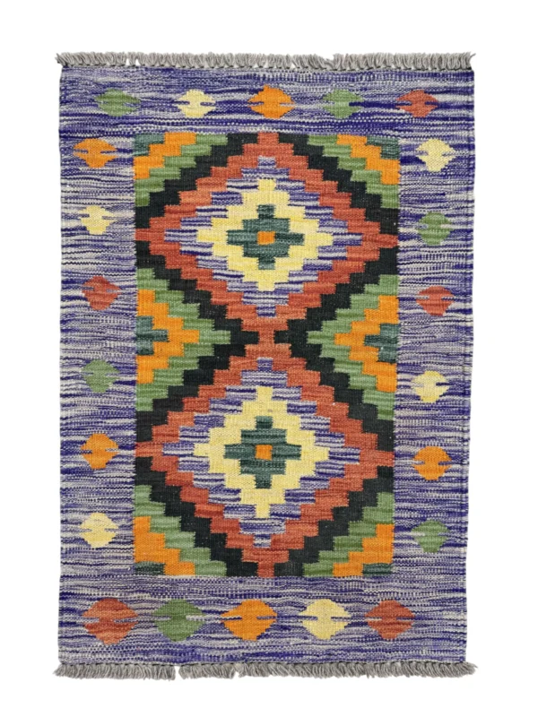 Tappeto Kilim Rettangolare 91x60 cm in Lana Annodato a Mano Multicolore