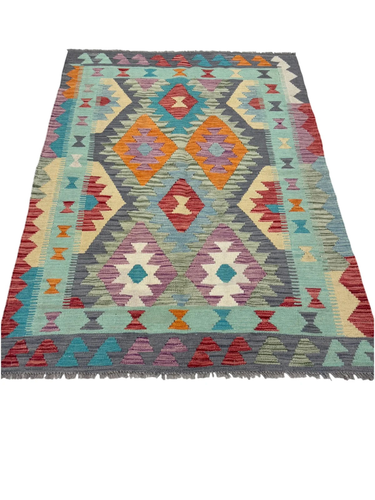 Tappeto Kilim Quadrato 173x124 cm – Design Geometrico Multicolore in Lana, Fatto a Mano, Stile Etnico Tradizionale - immagine 5
