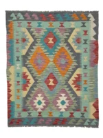 Tappeto Kilim Quadrato 173x124 cm – Design Geometrico Multicolore in Lana, Fatto a Mano, Stile Etnico Tradizionale