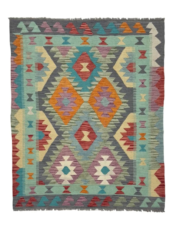 Tappeto Kilim Quadrato 173x124 cm – Design Geometrico Multicolore in Lana, Fatto a Mano, Stile Etnico Tradizionale
