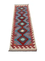 Tappeto Kilim Passatoia 175x60 cm Geometrico Rosso e Azzurro in Lana