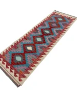 Tappeto Kilim Passatoia 175x60 cm Geometrico Rosso e Azzurro in Lana - immagine 3