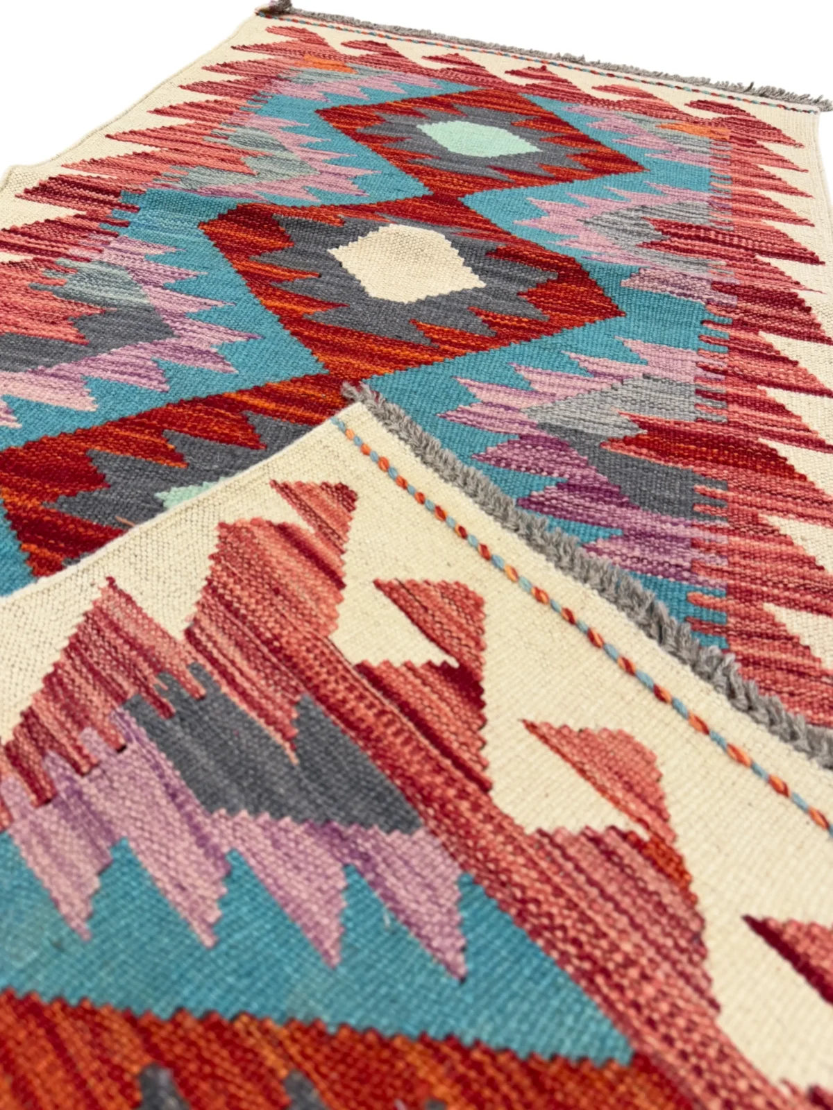 Tappeto Kilim Passatoia 175x60 cm Geometrico Rosso e Azzurro in Lana - immagine 2
