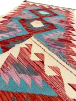 Tappeto Kilim Passatoia 175x60 cm Geometrico Rosso e Azzurro in Lana - immagine 2