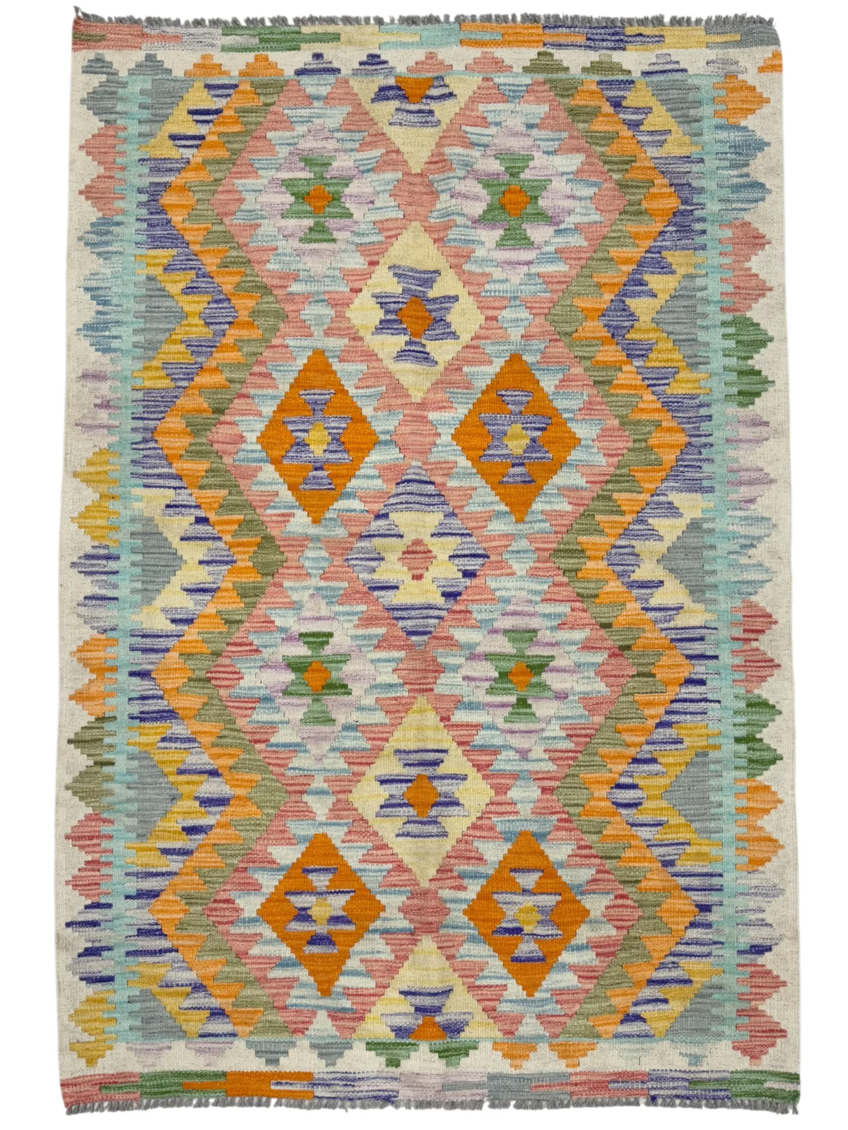 Tappeto Kilim 176x118 cm Rettangolare con Motivo Geometrico Multicolore – Artigianale con Frangia - immagine 1