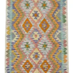 Tappeto Kilim 176x118 cm Rettangolare con Motivo Geometrico Multicolore – Artigianale con Frangia