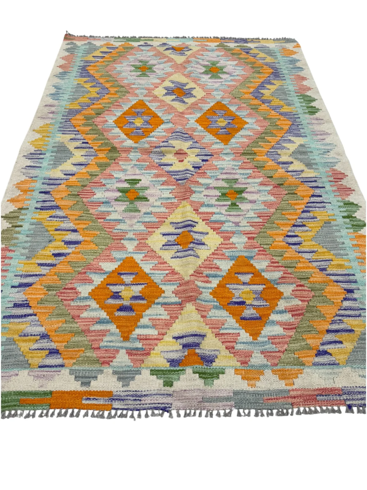 Tappeto Kilim 176x118 cm Rettangolare con Motivo Geometrico Multicolore – Artigianale con Frangia - immagine 5