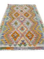 Tappeto Kilim 176x118 cm Rettangolare con Motivo Geometrico Multicolore – Artigianale con Frangia - immagine 5