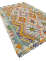 Tappeto Kilim 176x118 cm Rettangolare con Motivo Geometrico Multicolore – Artigianale con Frangia - immagine 4