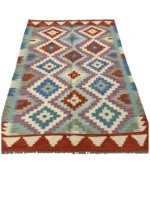 Tappeto Kilim rettangolare 182x124 cm con Motivo a Diamanti Multicolore – Stile Artigianale in Lana e Cotone