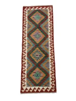 Tappeto Passatoia Geometrico 187x66 cm in Lana – Fatto a Mano in Afghanistan – Motivo a Diamanti Multicolore per Corridoio e Cucina